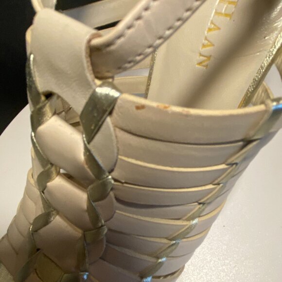 Cole Haan Nike Air Gold & Cream Leather Woven Wedge Sandals – Size 7B - Picture 2 of 16